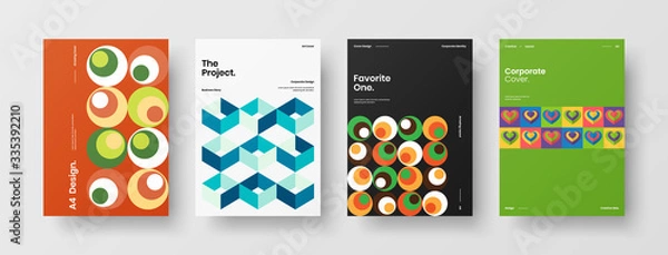 Fototapeta Company identity brochure template collection. Business presentation vector A4 vertical orientation front page mock up set. Corporate report cover abstract geometric illustration design layout bundle.