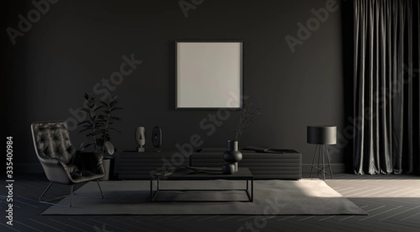 Fototapeta Dark room in plain monochrome gray tones with tv set,chair,plants  and floor lamp on a carpet. Black background. 3D rendering