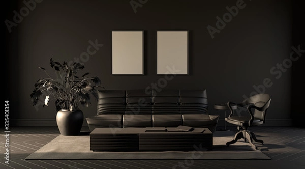 Fototapeta Dark room in plain monochrome gray tones with sofa,chair,plants  and floor lamp on a carpet. Black background. 3D rendering