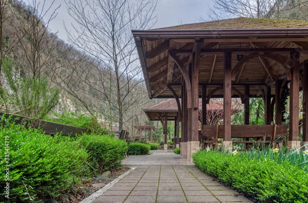 Obraz A pergola for rest in a mountain gorge