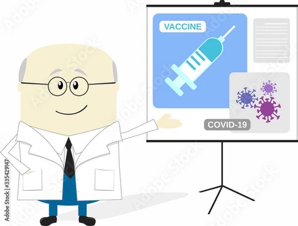 Fototapeta cartoon illustration of scientist presenting coronavirus vaccine. Isolated on white background