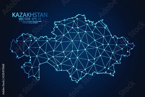 Fototapeta Abstract mash line and point scales on dark background with map of Kazakhstan. Wire frame 3D mesh polygonal network line, design sphere, dot and structure. Vector illustration eps 10.