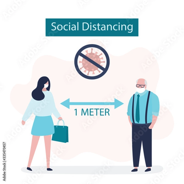 Fototapeta Social Distancing, two people keeping distance for infection risk and disease. 1 meter distance between humans.