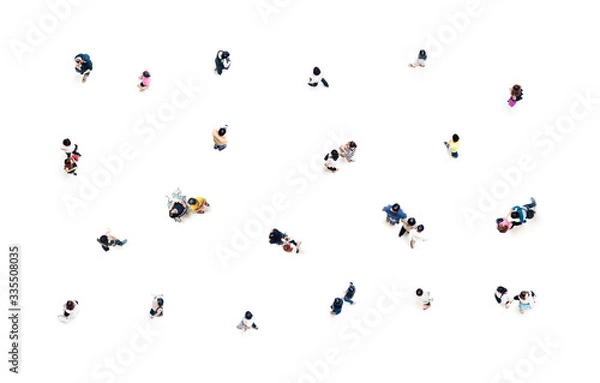 Fototapeta Group of people top view in focus on white background social distancing concept