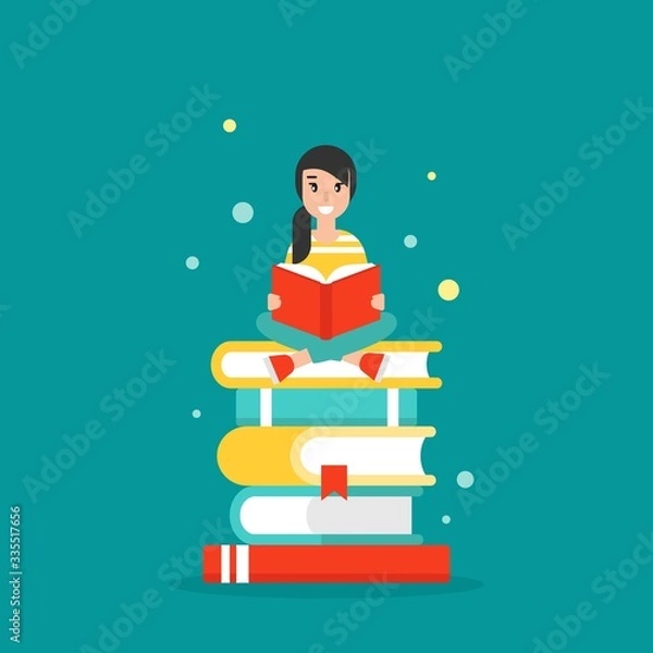 Fototapeta cute girl with red book siting on stack of books. creati