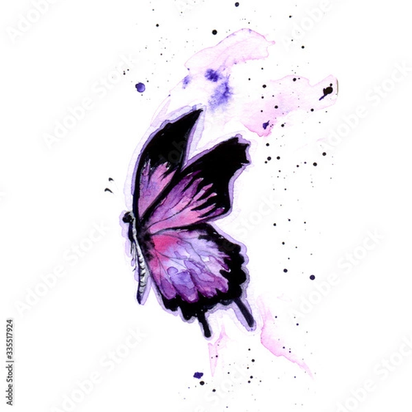 Fototapeta watercolor lilac butterfly with spread wings in flight