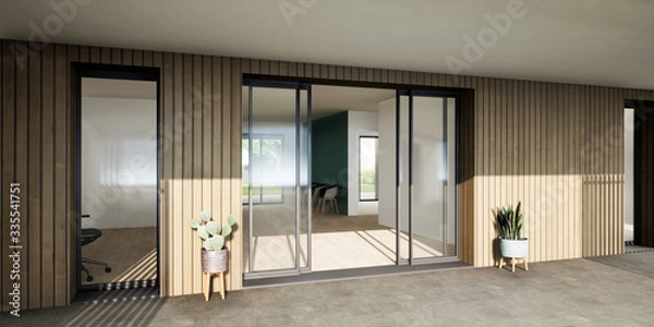Fototapeta vue 3d baie vitrée entrée bâtiment 