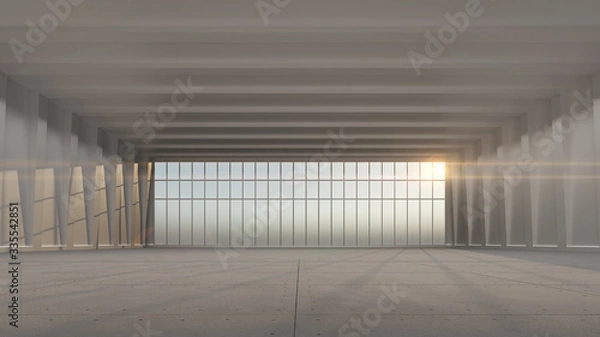 Fototapeta Sunny spacious hangar area with concrete floor and windows in floor 3D Render