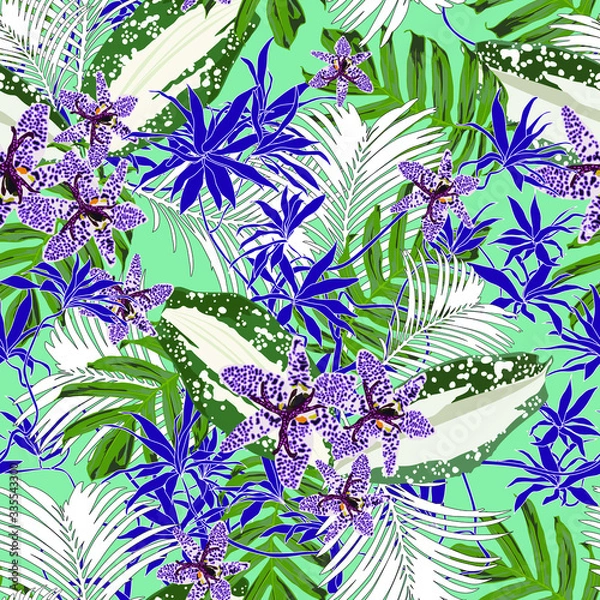 Fototapeta Floral seamless pattern with bright tropical leaves and exotic flowers. Abstract background texture. 
