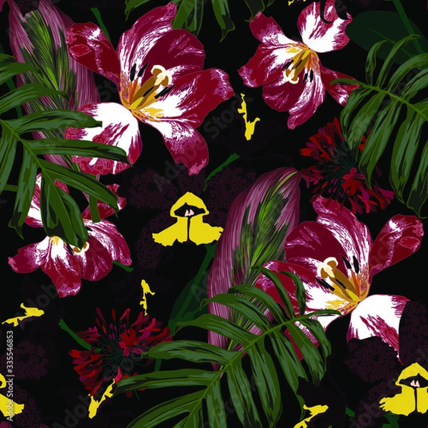 Fototapeta Floral seamless pattern with bright tropical leaves and exotic flowers. Abstract background texture. 
