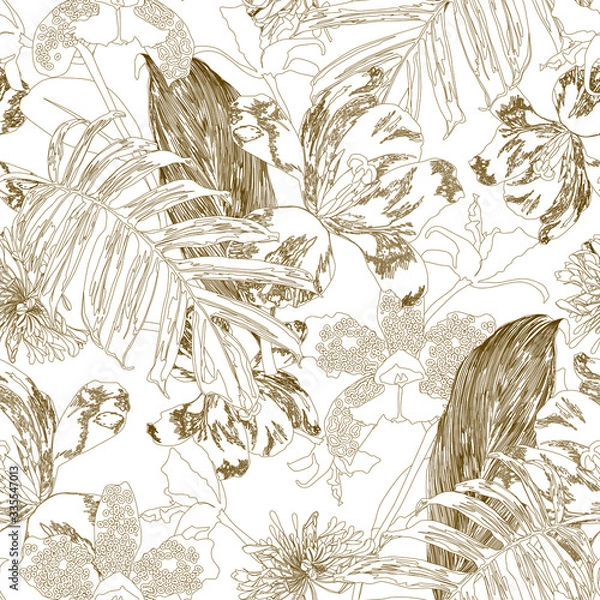 Fototapeta Seamless tropical pattern with leaves and exotic flowers.  Graphic vector background.