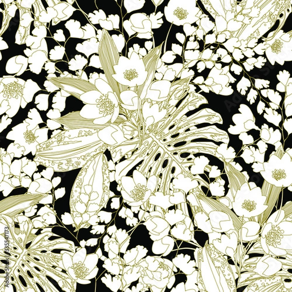 Fototapeta Seamless tropical pattern with leaves and exotic flowers.  Graphic vector background.