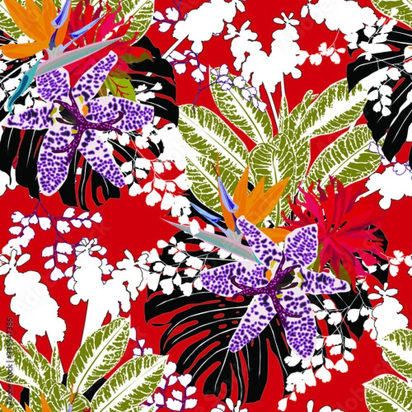 Fototapeta Floral seamless pattern with bright tropical leaves and exotic flowers. Abstract background texture.	