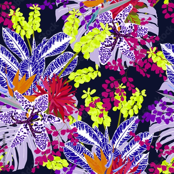 Fototapeta Floral seamless pattern with bright tropical leaves and exotic flowers. Abstract background texture. 