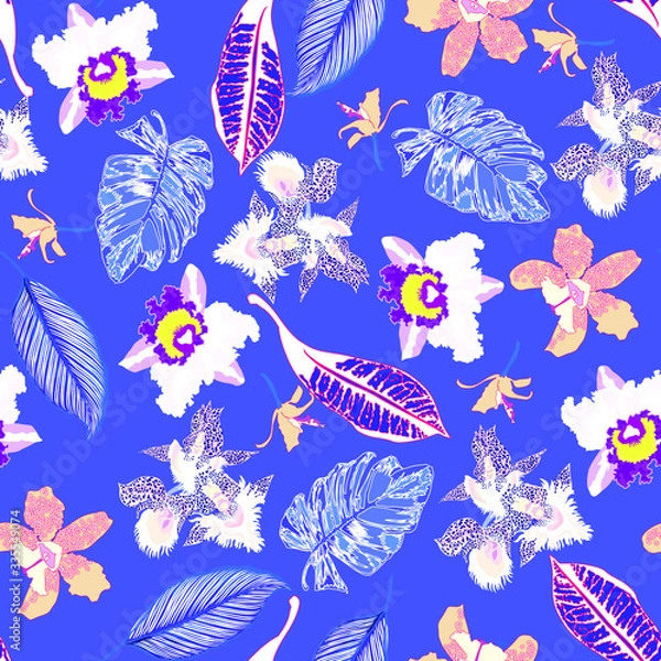 Fototapeta Floral seamless  pattern with bright tropical leaves and exotic flowers. Abstract background texture.