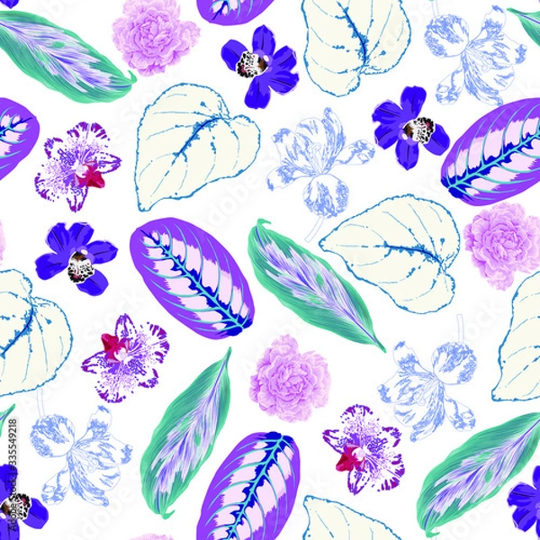 Fototapeta Floral seamless  pattern with bright tropical leaves and exotic flowers. Abstract background texture.