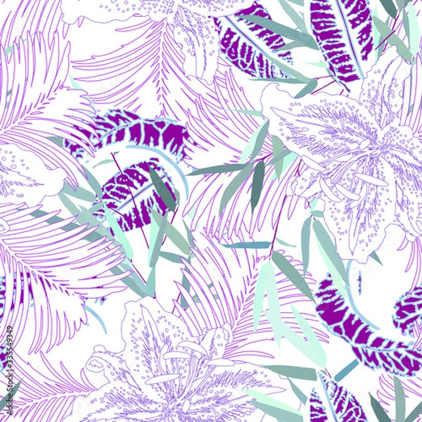 Fototapeta Seamless tropical pattern with leaves and exotic flowers.  Graphic vector background.