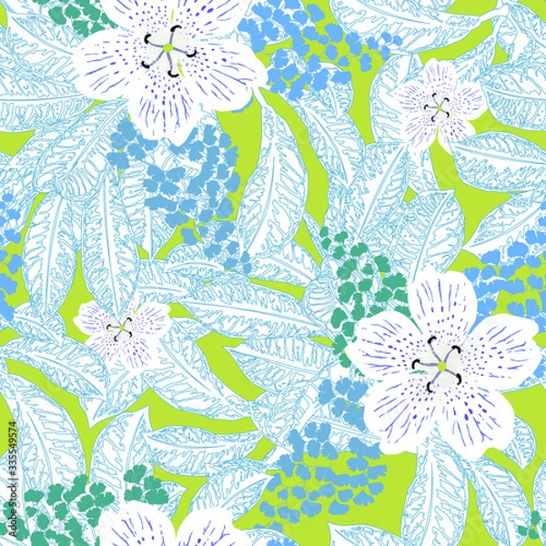Fototapeta Floral seamless pattern with bright tropical leaves and exotic flowers. Abstract background texture. 