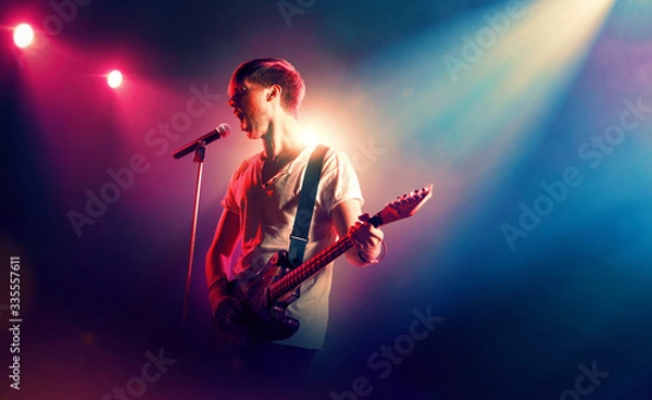 Obraz Singer with a guitar performing on floodlighted stage 