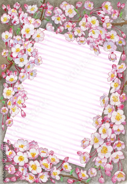 Obraz Watercolor blooming cherry background. Beautiful spring flowers frame with striped space for text