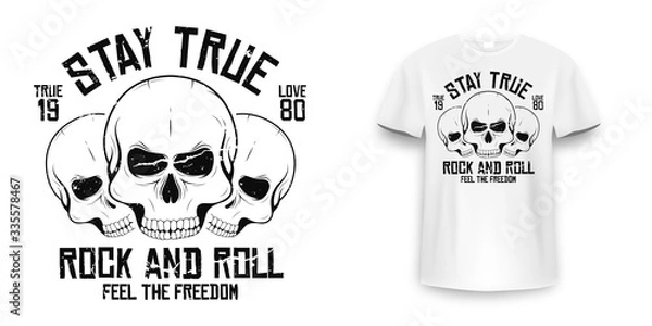 Fototapeta Rock and roll t-shirt graphic design with skull. Rock music slogan for t-shirt print and poster. Skull with grunge texture in vintage and hipster style