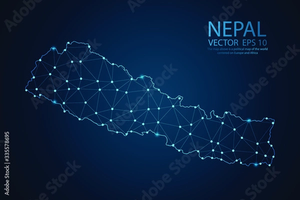 Fototapeta Abstract mash line and point scales on Dark background with map of Nepal. Wire frame 3D mesh polygonal network line, design polygon sphere, dot and structure. Vector illustration eps 10.