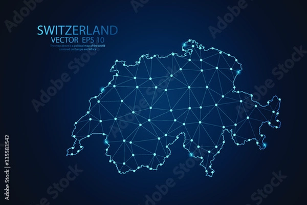 Fototapeta Abstract mash line and point scales on Dark background with map of Switzerland. Wire frame 3D mesh polygonal network line, design polygon sphere, dot and structure. Vector illustration eps 10.