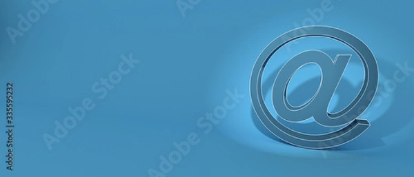 Fototapeta Email sign on blue wall background, banner, copy space. 3d illustration