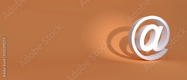 Fototapeta Email sign on orange wall background, banner, copy space. 3d illustration