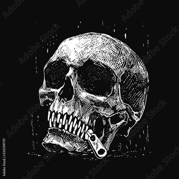 Fototapeta Skull ink drawing. Human skull with zip instead of teeth. Skeleton dark illustration.