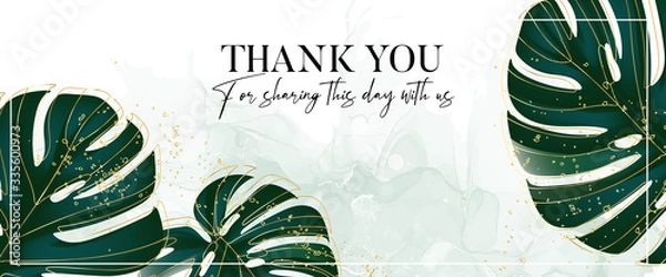 Fototapeta Monstera evergreen tropical palm leaves, jungle rainforest paradise leaves with gold glitters luxury vector floral design template. Old vintage marble ink horizontal background in vector
