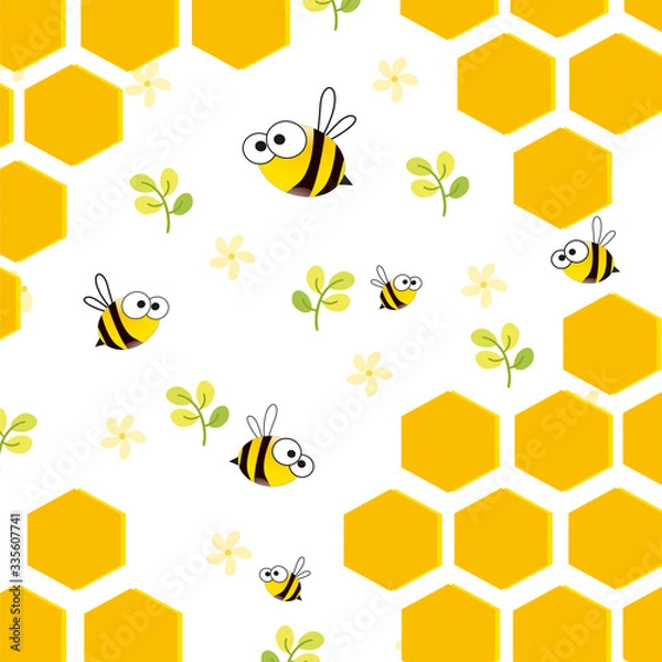 Obraz The bees and honeycomb. Cute bees on a white background.