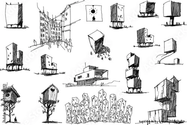 Fototapeta many hand drawn architectectural sketches of a modern abstract architecture and tree houses and urban ideas or towns