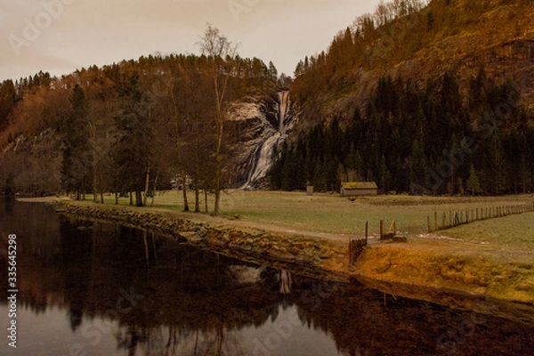 Obraz autumn landscape with lake and waterfall 