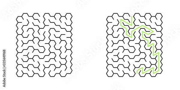 Obraz A 10x10 rectangular maze with hex cells and solution