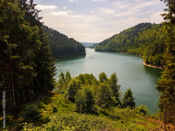 Obraz Blick auf den Stausee im Wald