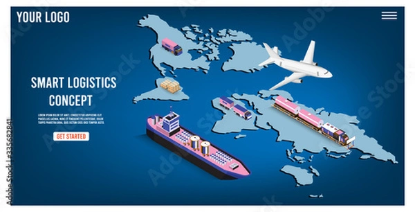 Fototapeta Modern Global logistic service isometric concept with export, import, warehouse business, transport. Vector illustration