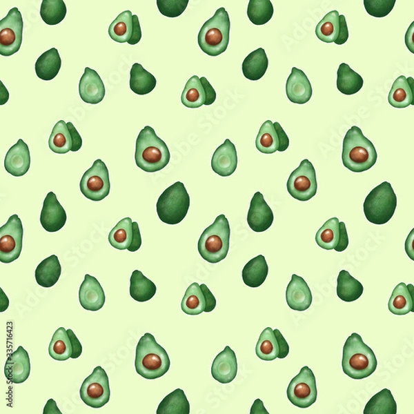 Fototapeta  Avocado Set Seamless Pattern, Procreate sketch, Raster illustration, Yellow background