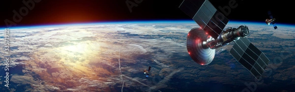 Obraz Kosmiczny satelita z anteną i panelami słonecznymi w kosmosie na tle ziemi. Telekomunikacja, szybki Internet, eksploracja kosmosu. skopiuj miejsce. obraz dostarczony przez NASA
