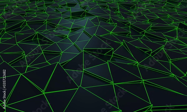 Fototapeta abstract 3D image, a grid of green glowing triangles broken at different levels