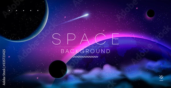 Fototapeta Vector illustration of space, planets and galaxy for poster, banner or background. Abstract drawings of the future, science fiction and astronomy.