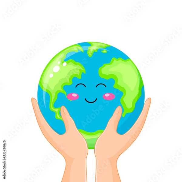 Fototapeta Cute cartoon globe characters with human hands. Save the earth concept. Vector illustration isolated on white background.