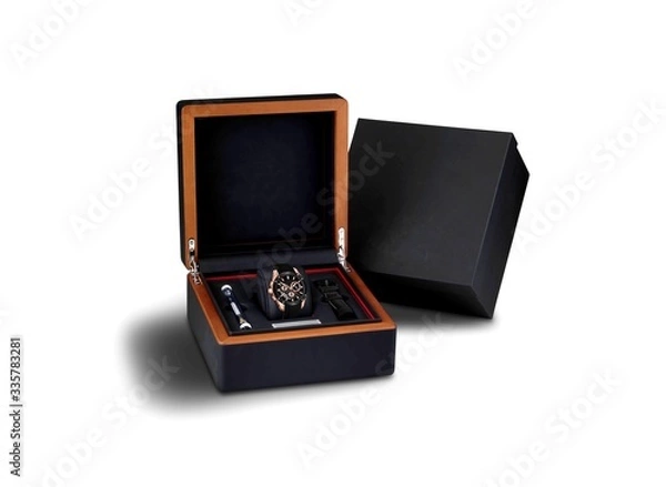 Fototapeta black leather watch for men on a black box