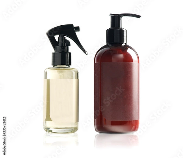 Fototapeta plastic spray bottle and lotion bottle isolated on white