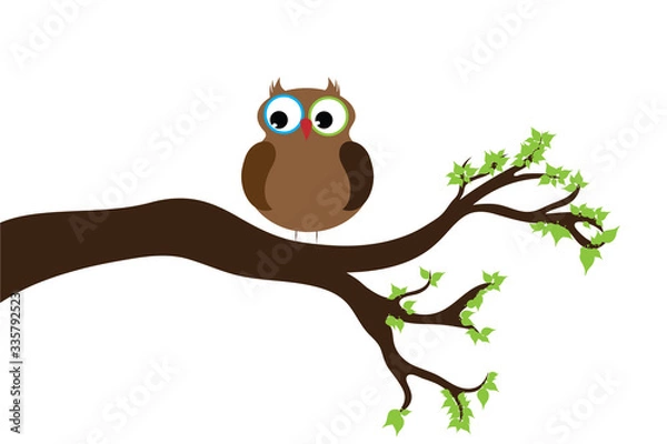 Fototapeta Vector silhouette of branch with owl on white background. Symbol of nature.