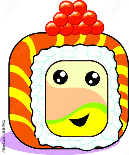 Obraz 
Vector illustration. Sushi with fish, red caviar, cheese and herbs. With eyes and a smile. Japanese food art in cartoon doodle style.