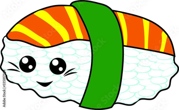 Obraz 
Vector illustration of sushi, rice, fish, herbs. With eyes and a smile. Japanese food art in cartoon doodle style. Baby sushi menu.