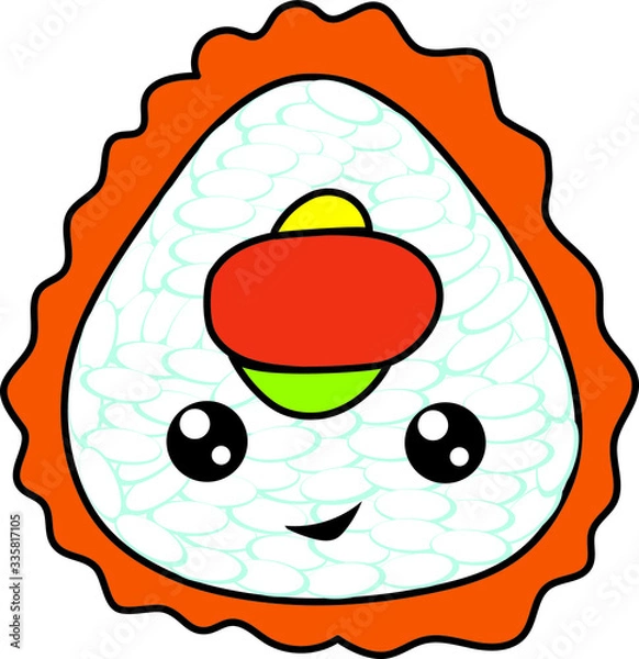 Obraz Cute characters: sushi, rolls, rice with eyes and a smile. Kawaii Drawn art illustration of japanese food in cartoon doodle style. 