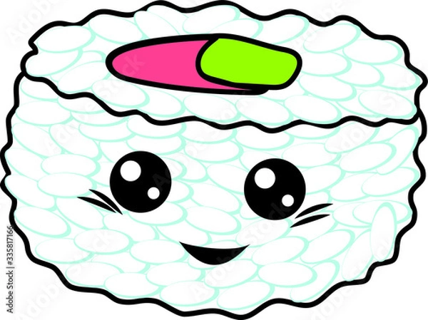Obraz 
Sushi, rolls, rice with eyes and a smile. Kawaii Lovely illustrations. Drawn art illustration of japanese food in cartoon doodle style. Vector graphics.