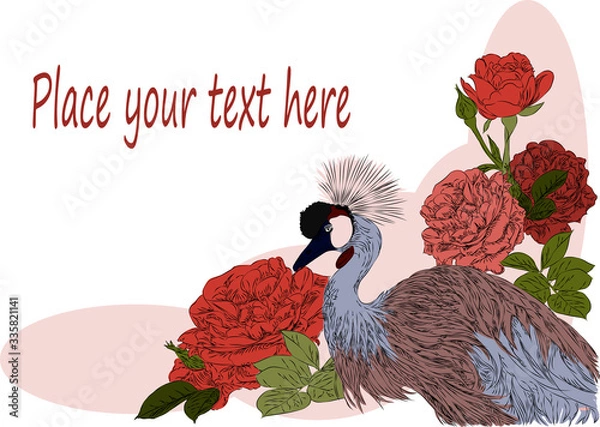 Obraz Vector sketch. There is a space in the center of the card for your text. Image of a bird and rose flowers.